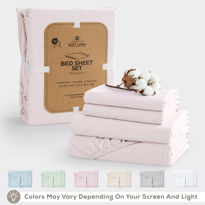 100% Washed Cotton Percale Sheet Set - Includes 1 Flat Sheet, 1 Fitted Sheet and 2 Pillowcases, Blush