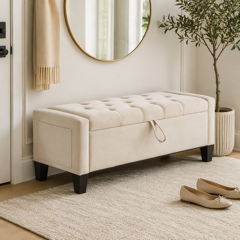 Repose-pieds avec rangement, banc de repose-pieds avec charnière de sécurité, poids de 350 lb, Beige / lin