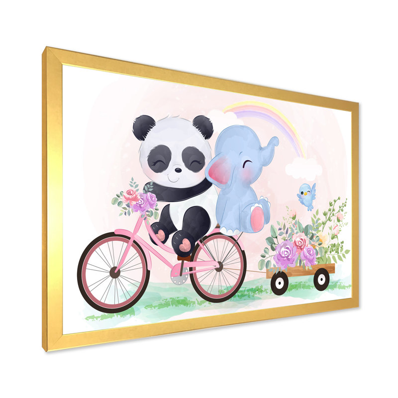 Mignon panda et éléphant sur un vélo - Cadre photo, impression sur toile, H 12 po x l 20 po x P 1 po, Cadre photo doré
