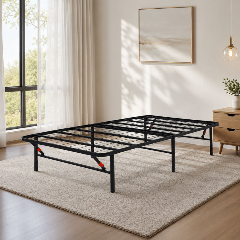 Cadre de lit pliant simple 14,01 pi, lit plateforme en métal robuste avec cadre en acier pliable, installation sans outil