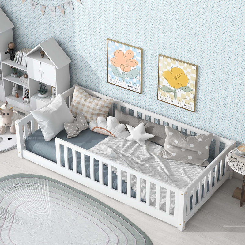 White Rubber Wood Watsons Floor Bed Featuring Fence (Without Door) And Safety Guardrails, White