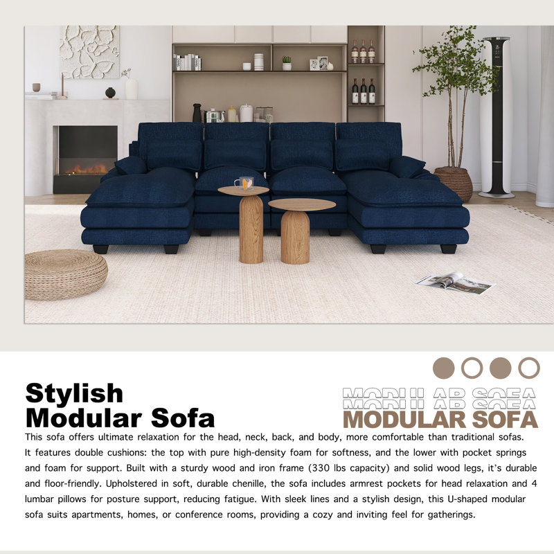 Canapé modulaire moderne en U avec coussins de taille, Chenille bleu