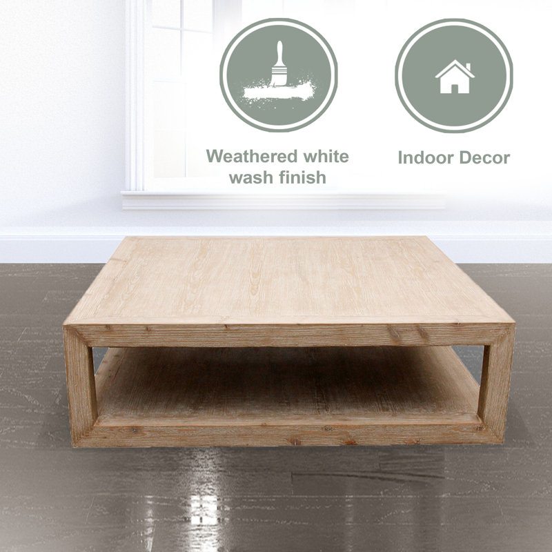 Peking Ming 50" L Square Coffee Table with Weathered Whitewash, 15" x 50" x 50"
