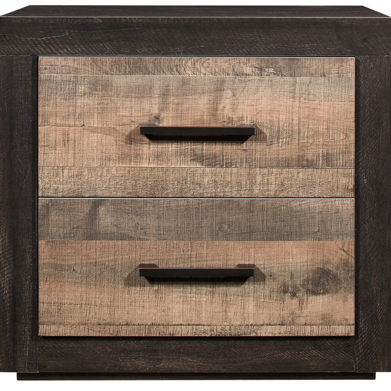 Table de chevet de chambre contemporaine avec faux bois - Ébène rustique et foncé deux tons, 2 tiroirs, glissières à roulement, poignées en laiton antique Finition et poignées élégantes de la table d'appoint, sans assemblage