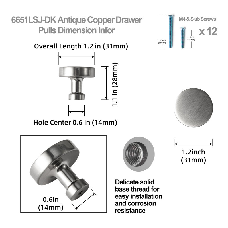 Ensemble de boutons circulaires, Nickel satiné, 1.2