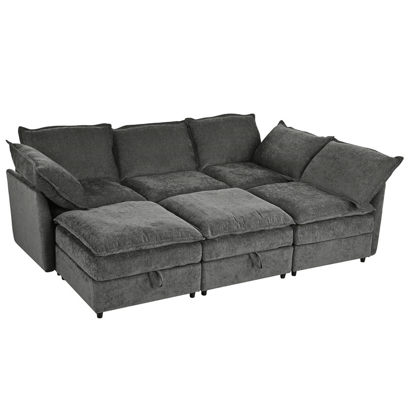 Taquila U-Shaped Sleeper Sectional Modular Sofa Bed, Gray Velvet