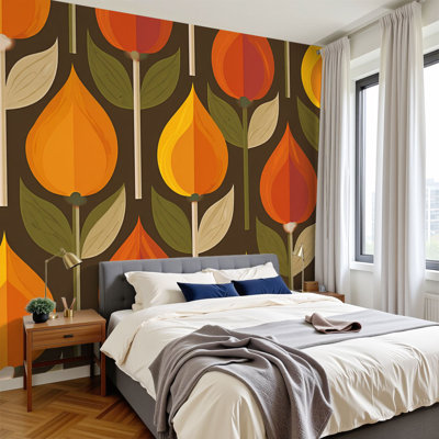 Peel and Stick Wallpaper 144" W x 100" H Modern Self Adhesive Wall Mural for Bedroom Flowers leaves Mid century modern art Abstract geometric seamless