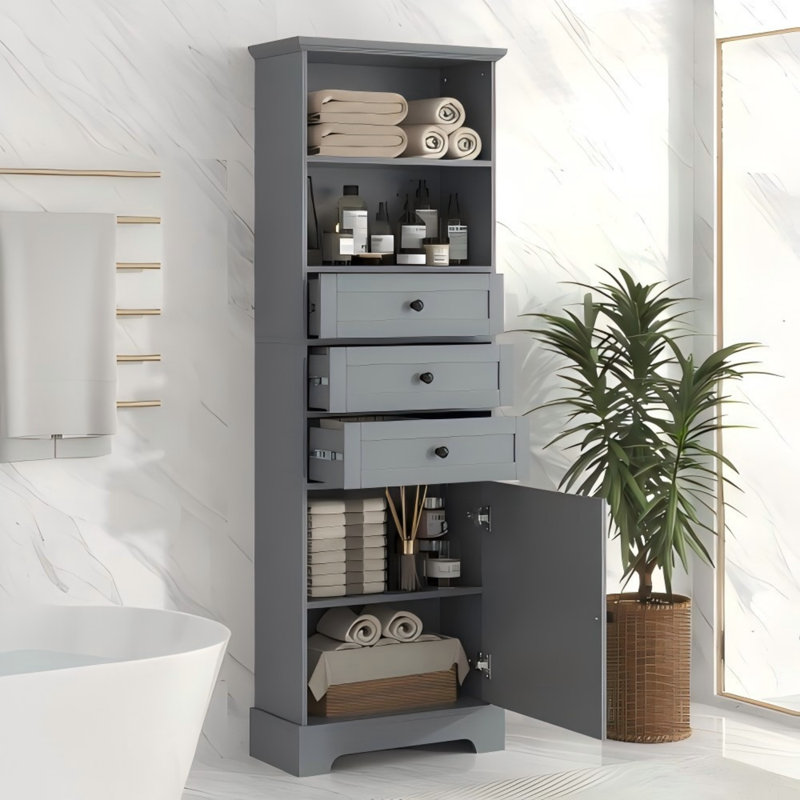 Armoire de salle de bain autoportante Anegada, armoire de rangement haute avec 3 tiroirs et tablettes réglables, Gris
