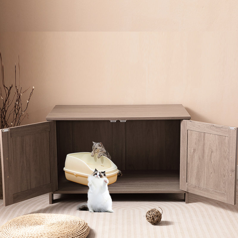 Litière pour chat avec porte de grange, maison et table de bout en bois Greige, convient à la plupart des bacs, utilisation multifonctionnelle, surface imperméable, installation vidéo transparente, porte cachée, couleur adaptée à l'animal