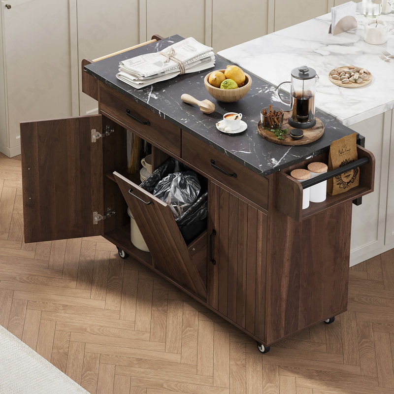 Kitchen Island With Trash Can Storage Cabinet, Kitchen Cart With Drop Leaf, Spice Rack, Towel Rack And Drawer, Rolling Kitchen Island On Wheels With Adjustable Shelf, Walnut Brown