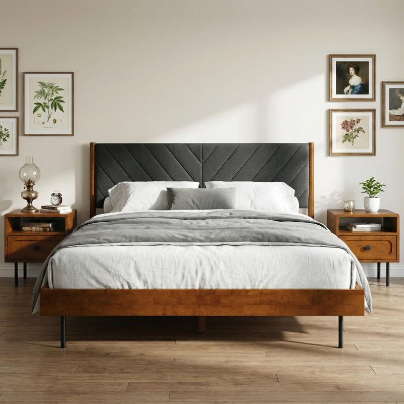 Felisha Solid Wood Queen Size Bed Frame with Fabric Headboard, Contemporary Modern Upholstered Platform Bed, CaramelFinish