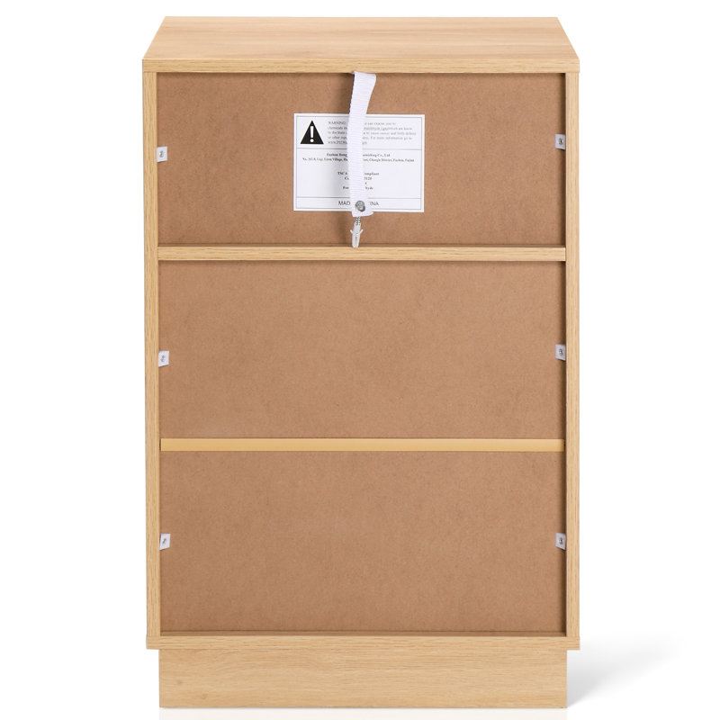 15.7" White Nightstand, P2 Particleboard, Matte Melamine, Beveled Drawer, 2 Drawers, Oak/White