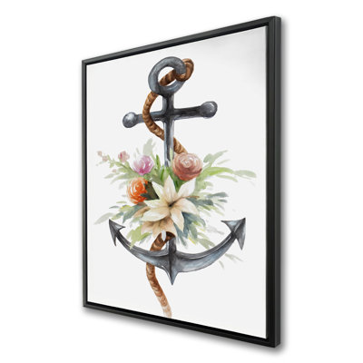 Ancre avec fleurs - décor de toile encadrée fleurs grises