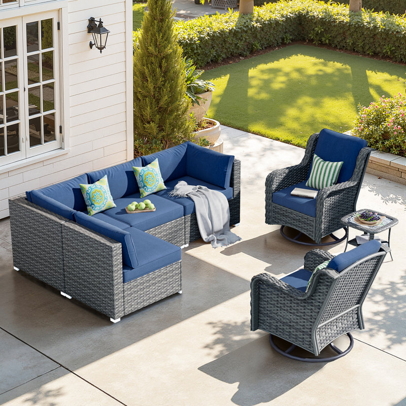 6 - Person Patio Conversation Set with Cushions, Blue, No