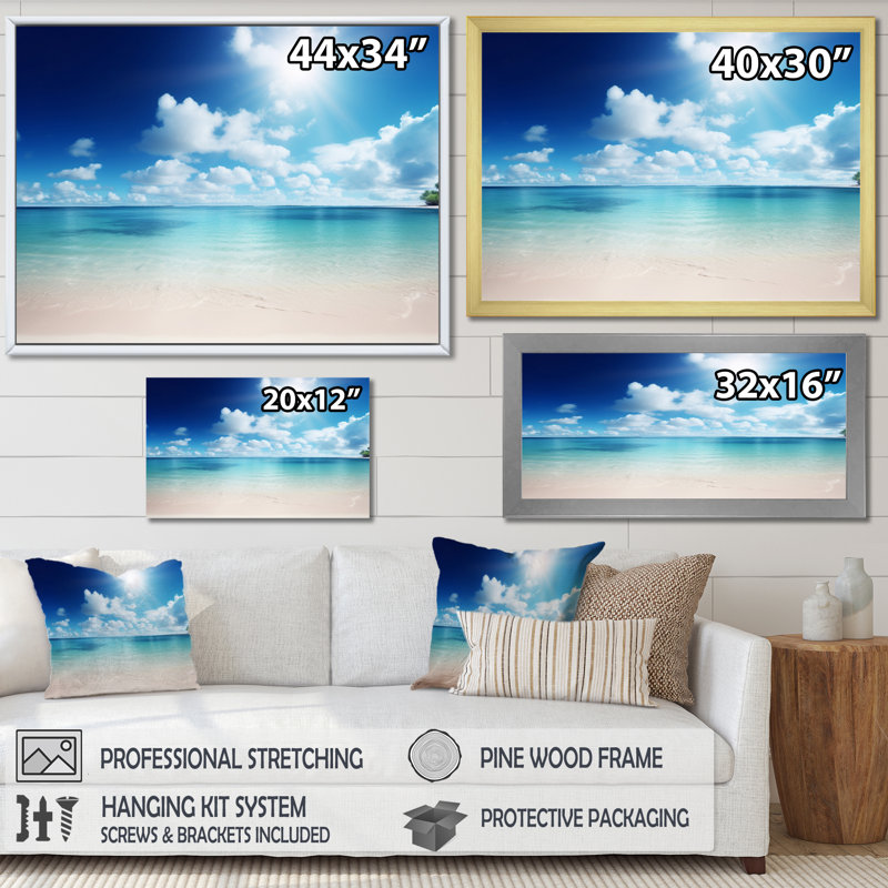 Sable et bleu mer des Caraïbes I - plage, art mural, H 30 po x l 40 po x P 1,5 po, Encadrement doré