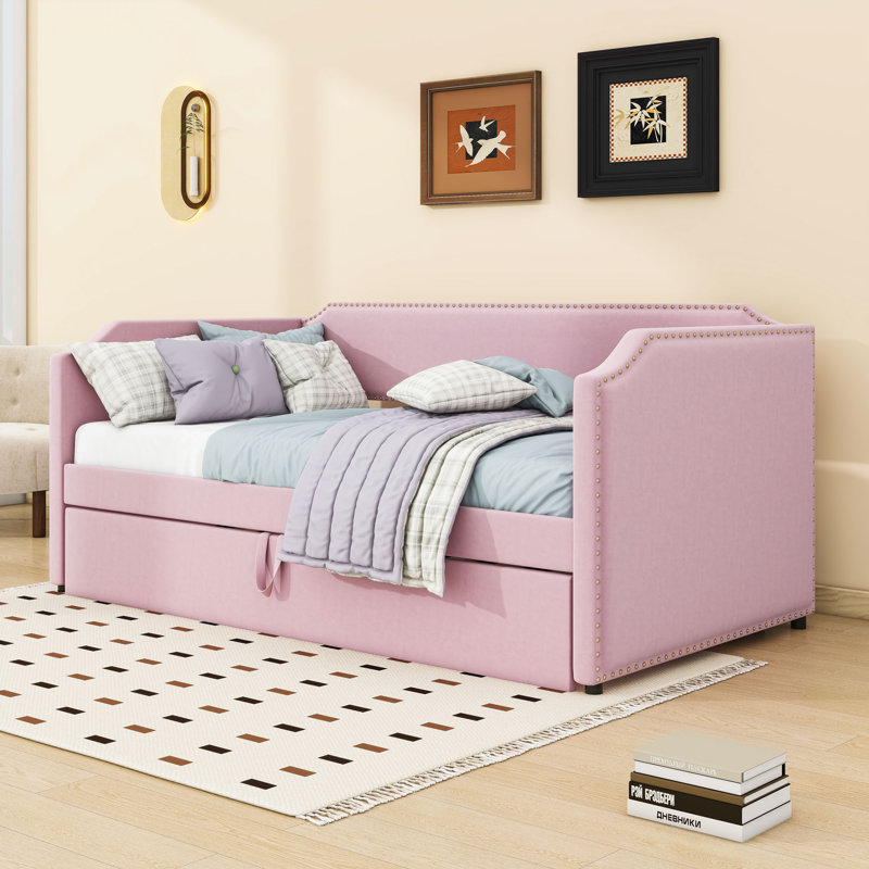 Twin Upholstered Daybed with Lift-Up Trundle Bed, Pink