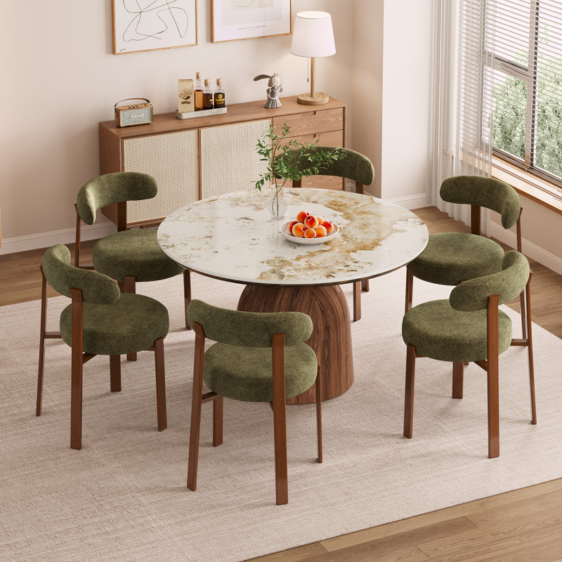 Adwin  6-Person 51.18" Round Pedestal Dining Table Set, 7 Pieces: Table, 6 Chairs, Green