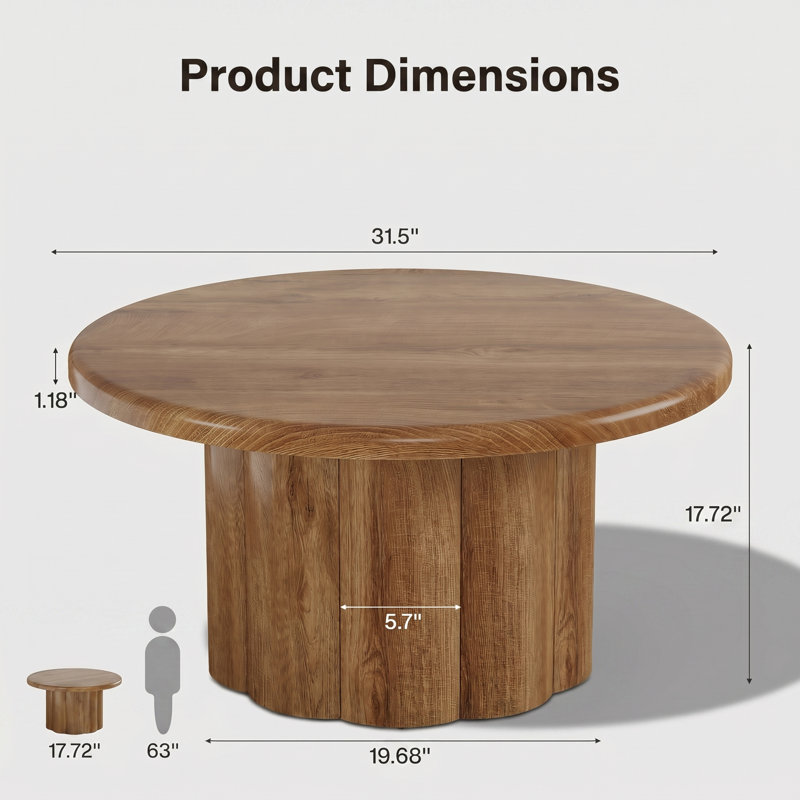 31.5" Round Coffee Table with Fluted Drum Base, Farmhouse Living Room Table for Apartments & Small Spaces