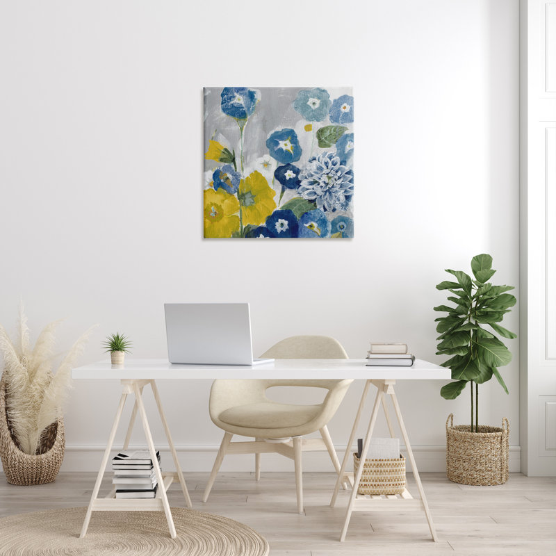 Au-802 - Toile, coquelicots abstraits bleus et jaunes sur toile par Jill Martin, peinture, H 30 po x l 30 po x P 1,5 po