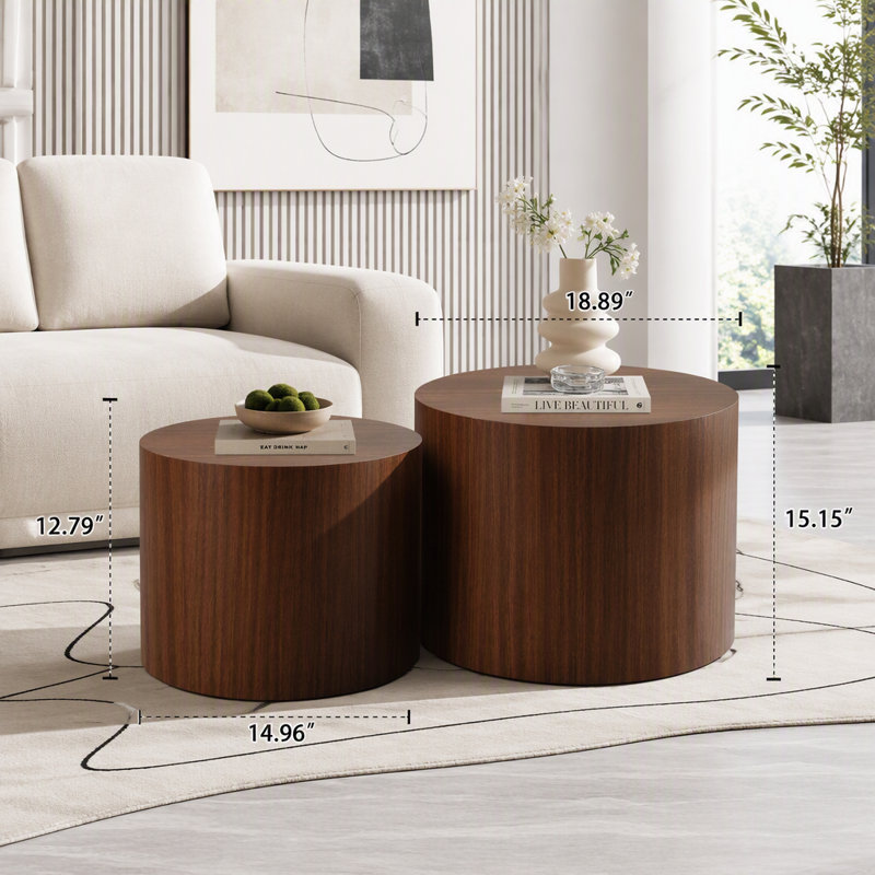 Ensemble de 2 tables basses gigognes rondes en bois, Walnut