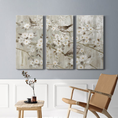 «Neutral Spring Birds», ensemble de 3 peintures sur toile tendue