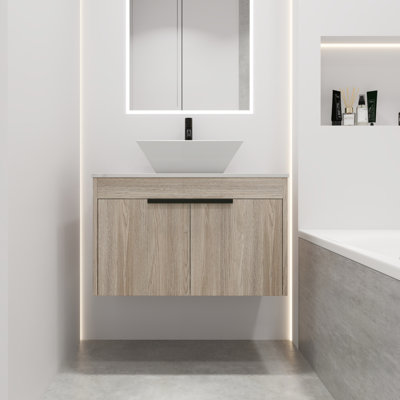 Meuble-lavabo de 30 po avec lavabo en céramique. Teinte murale en chêne blanc, porte à fermeture en douceur, meuble-lavabo moderne élégant - rangement doux
