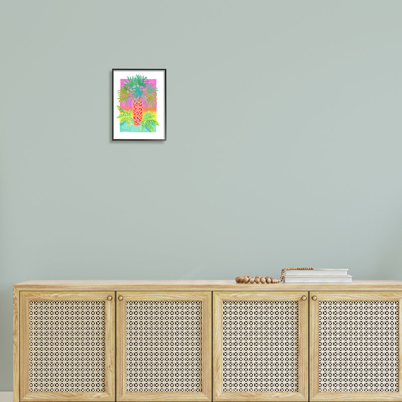 «Neon Palm Tree Botanicals Tropical Coastal Leaves - Floater Frame», impression sur toile, Giclée encadrée noir minuit