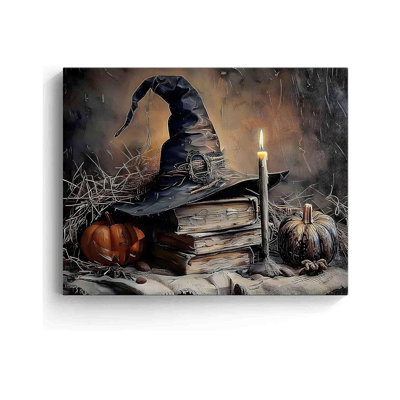 Halloween Wall Decor, Books Witch Hat And Candle Canvas Pumpkin Prints Creepy Witchy Canvas Poster Print Autumn Halloween Poster for Bedroom Living Room 8x10inch