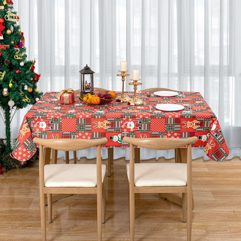 Nappe rectangulaire en vinyle de Noël avec envers en flanelle, 132 x 229 cm, motif Père Noël, bonhomme de neige et rennes à carreaux rouges