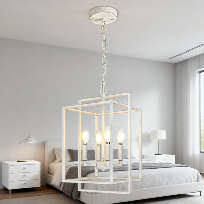 Farmhouse Chandelier Lighting Fixture, Adjustable Vintage White Metal Lantern Hanging Pendant Light For Dining Room Kitchen Island Entryway Staircase