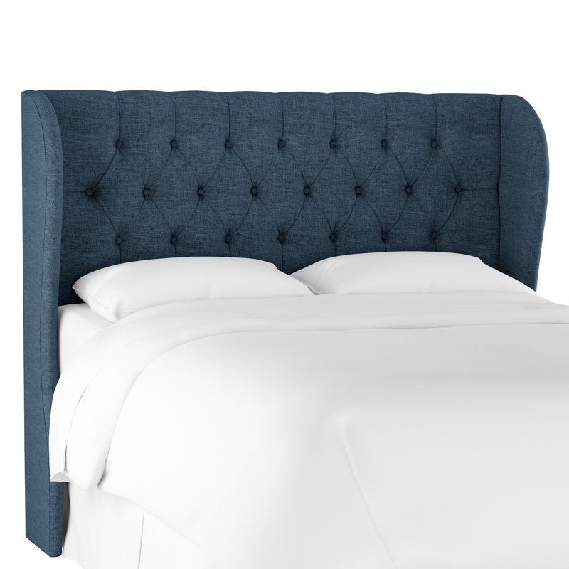 Tête de lit tapissier à oreilles Tomey, Lin texturé bleu marine Zuma, Grand