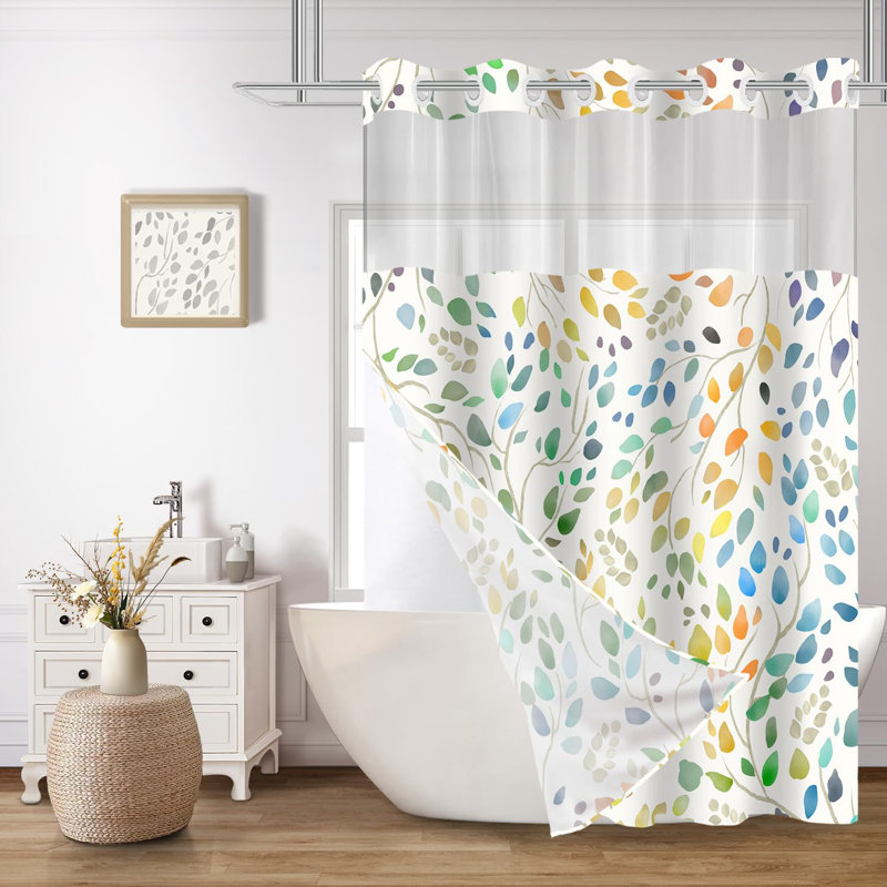 Rideau de douche semi-transparent à motif de feuilles colorées - Rideau de salle de bain imperméable, rideau de douche décoratif