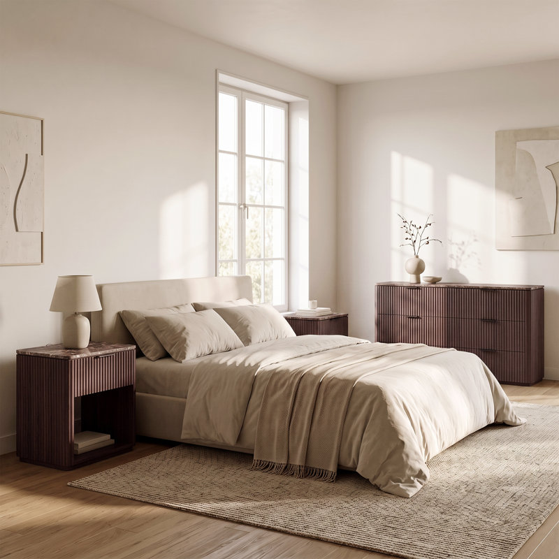 Ensemble de chambre à coucher cannelée 3 pièces, panneaux épais de 1,97 po et faux marbre, commode à 6 tiroirs et 2 tables de chevet, coin rond