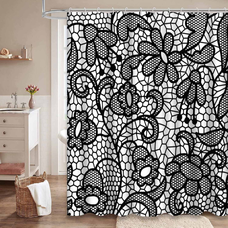 Rideau de douche abstrait à motif floral abstrait noir et blanc avec 12 crochets, L 72 po x l 78 po