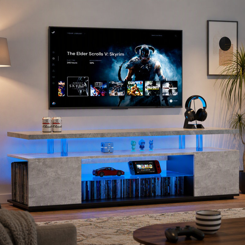 Meuble télé pour meuble télé 55 pouces à DEL avec console de rangement multimédia et grande armoire latérale pour le salon (gris et noir)