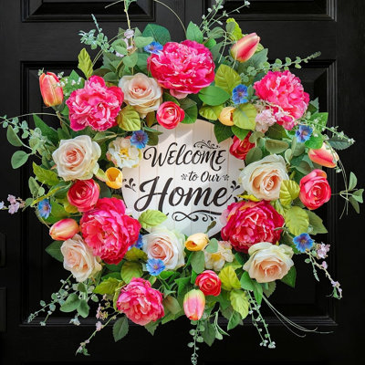 Grande couronne de printemps pour porte d'entrée avec pivoines, tulipes et fleurs roses et panneau de bienvenue en bois pour la décoration intérieure