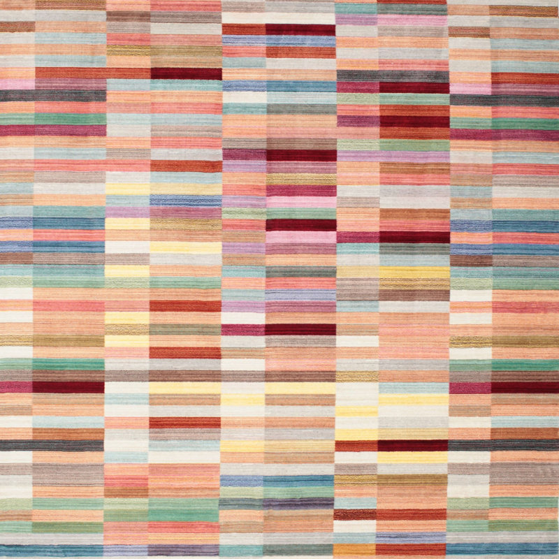 Tapis contemporain jaune / rouge / beige, Carré 3 pis