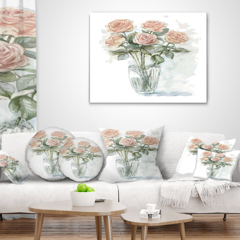 Bouquet de roses roses dans un vase - coussin à imprimé floral, 18 po x 18 po, Coussin décoratif