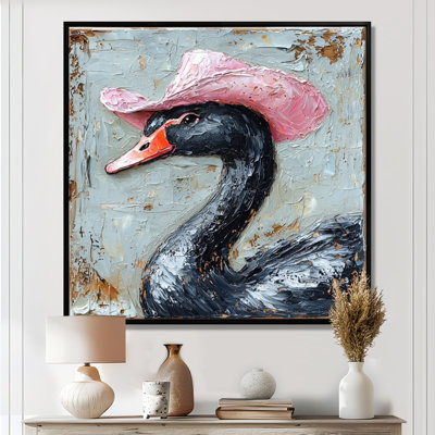 Un cygne noir portant un chapeau de cowboy rose II - cygnes, art mural