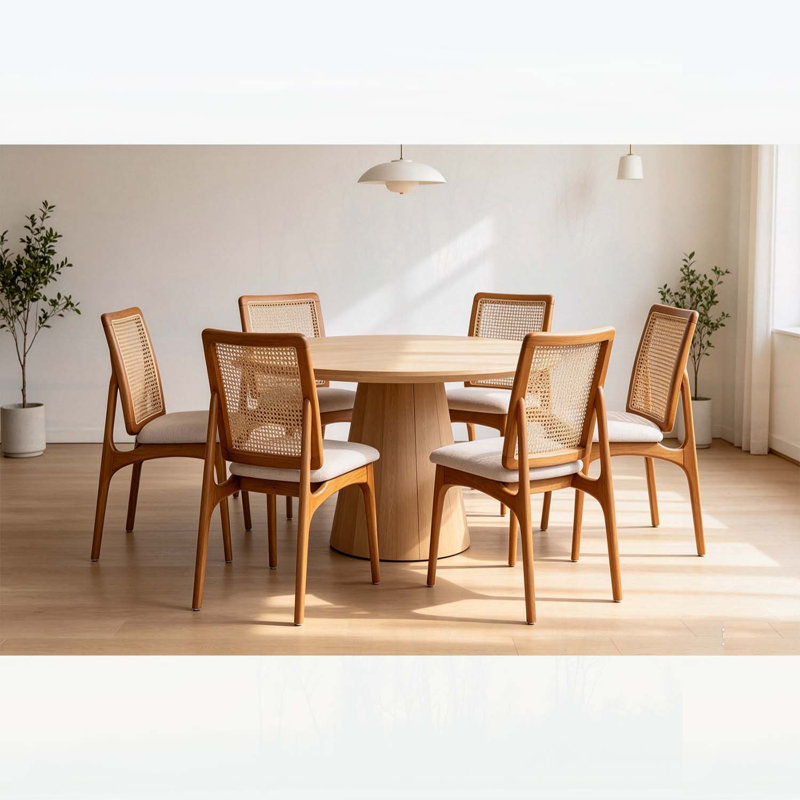 Ensemble de 2 chaises de salle à manger modernes du milieu du siècle en rotin, avec structure en bois d'hévéa massif et dossier en rotin naturel.