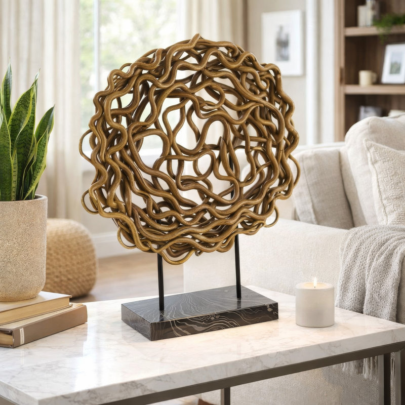 Sculpture décorative de table, rotin brun entrelacé, rond 20 pouces