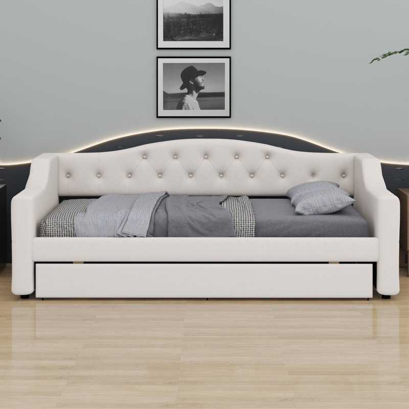 Lit de jour rembourré avec ceinture DEL et lit gigogne, Beige