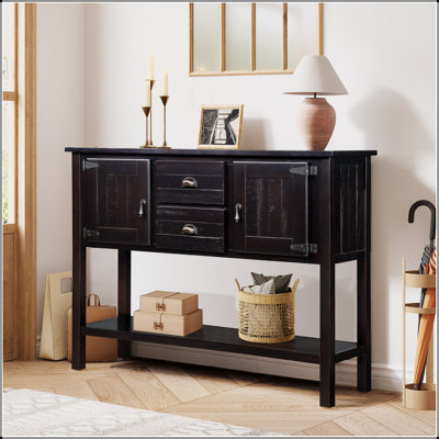 Console de 48 po en bois massif avec 2 tiroirs, armoires et tablette inférieure, armoire de rangement pour salle à manger de style rétro