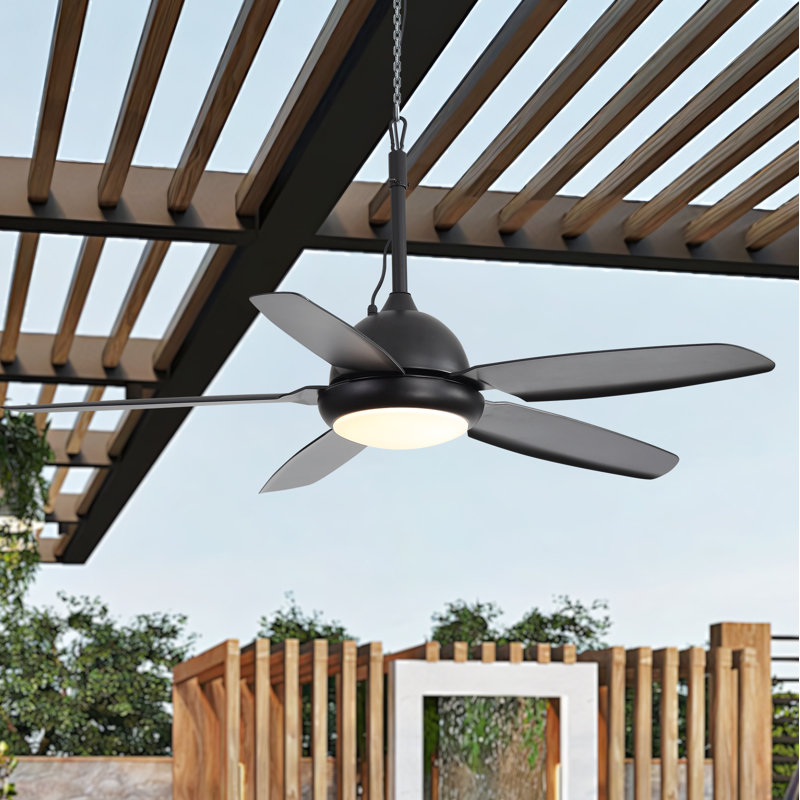 52" Outdoor Ceiling Fan Light, Ip65, Hook Mount, Plug-In, Led Dimmable, Remote, Reversible Dc, Black Ceiling Fan For Patio Bedroom