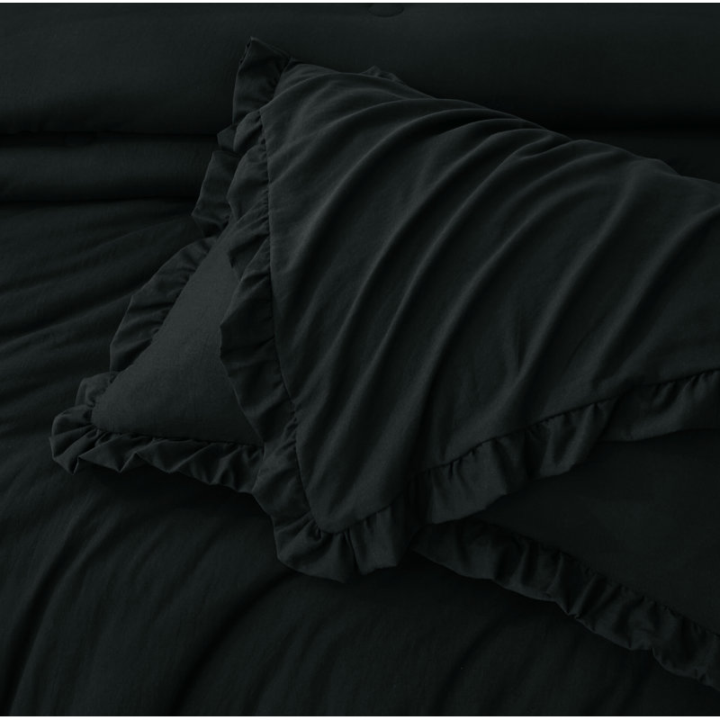 Nora Washed Microfiber Ruffled Comforter Set, Oversized Queen Comforter + 2 Standard Shams, Black