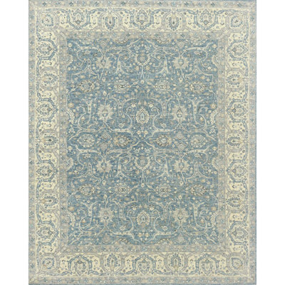 Tapis rectangulaire en laine / viscose noué à la main bleu marine / ivoire