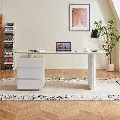 71" Modern Reversible Executive Desk with Sintered Stone Top, Fluted Pedestal and 3 Drawers