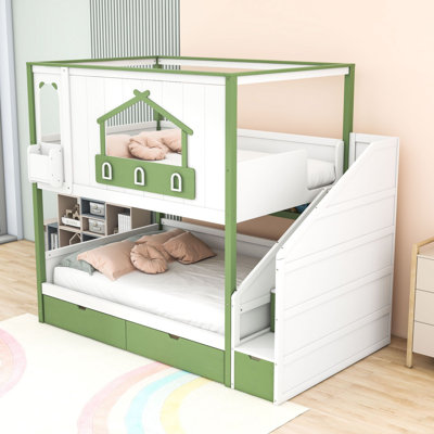 Wooden Bunk Bed with Storage Drawers, Shelves and Stairs