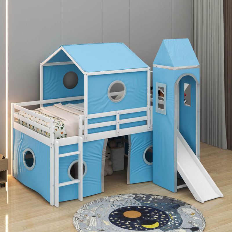 Full Size Loft Bed With Tower, Blue
