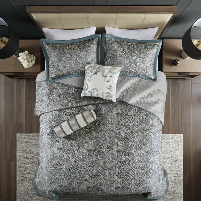 Couvre-lit 5 pièces pour grand lit - sarcelle avec coussins 100% coton, rembourrage en microfibre de coton, bordure grise séduisante